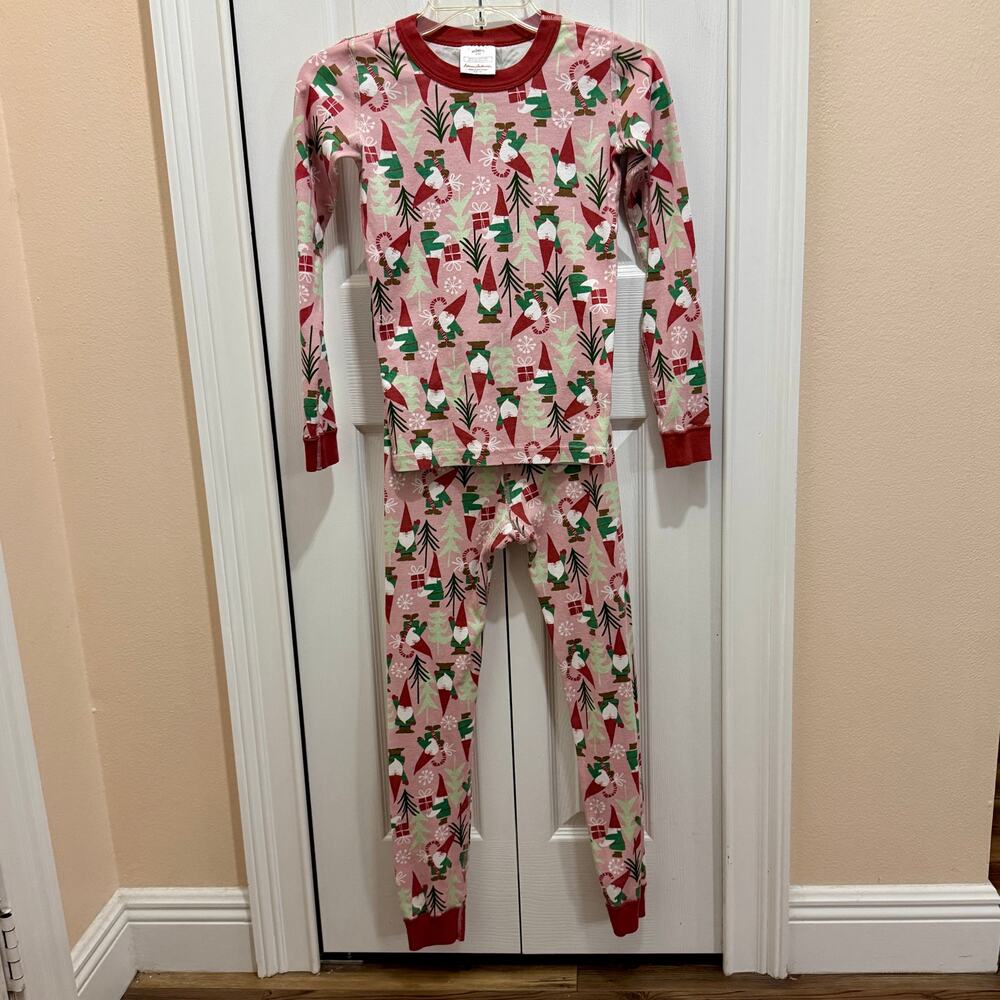 Hannah Anderson kids Christmas pj set size 10 red white & green Santas on pink.